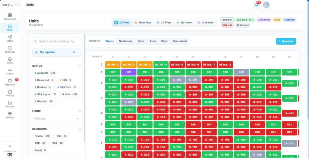 Developer Project Unit Matrix (Interactive 2D/3D Grid)